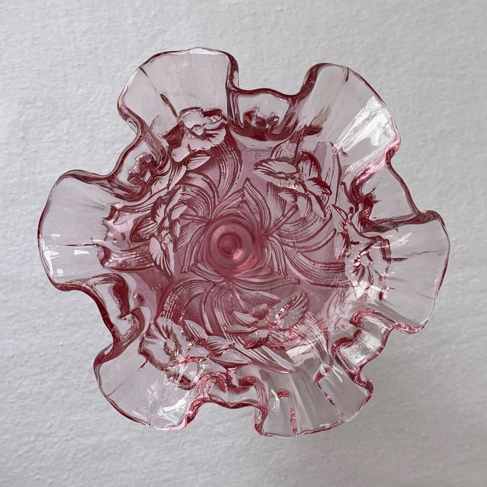 Fenton Rose Pink Floral Daffodil Vintage Beautiful Glass Ruffle Top Vase - Picture 2 of 8
